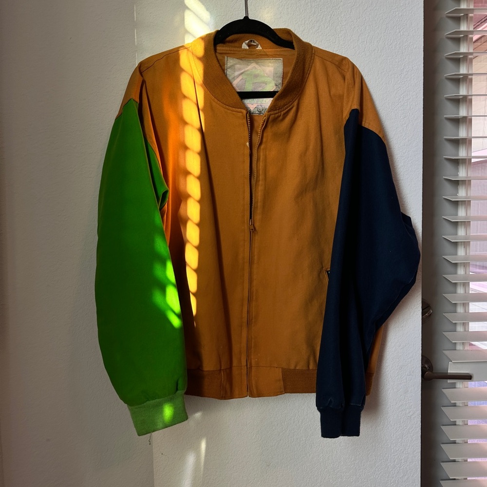 Orange and Green Bomber Jacket with Color-Block Design